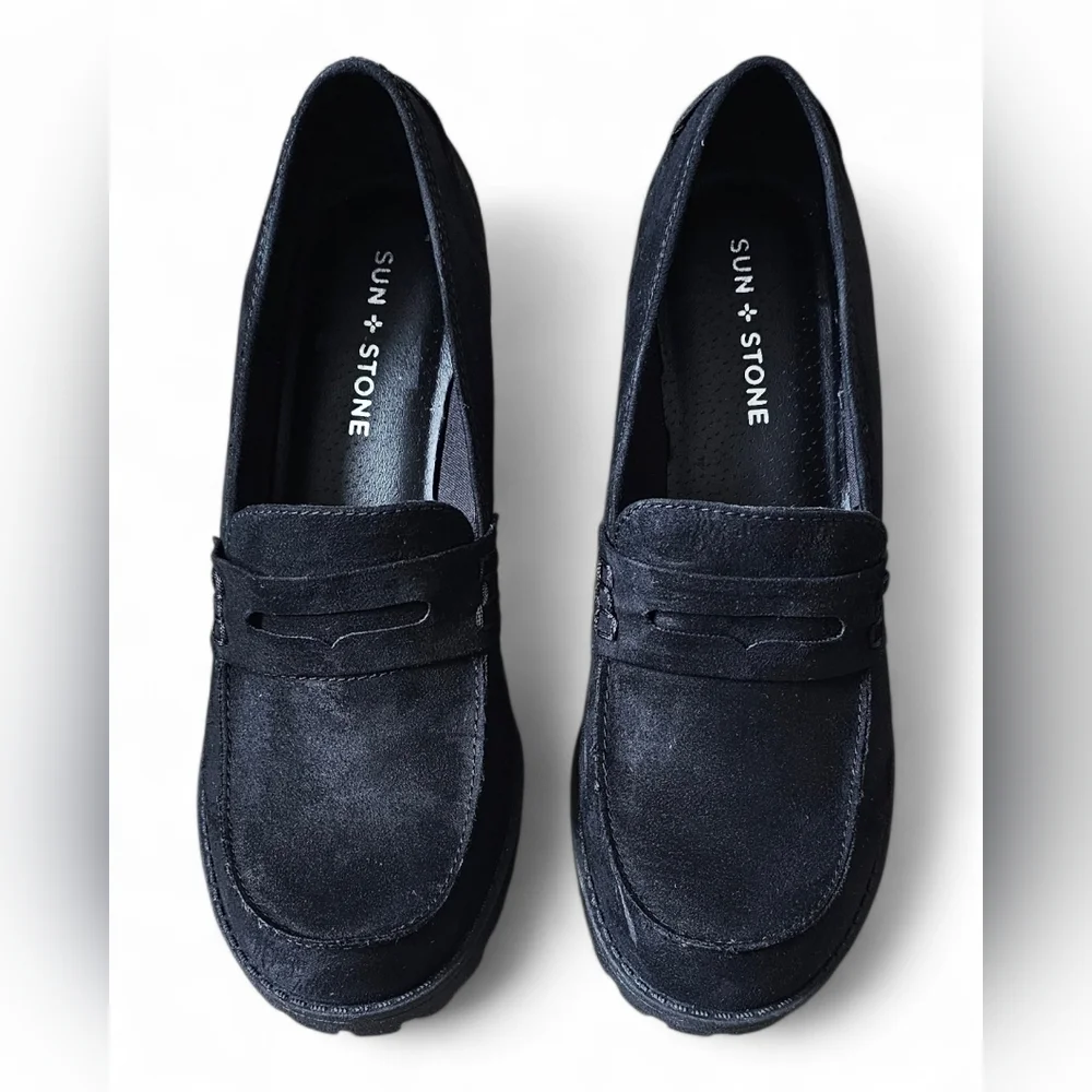Sun + Stone Women’s Black Suede Block Heel Loafers Size 9